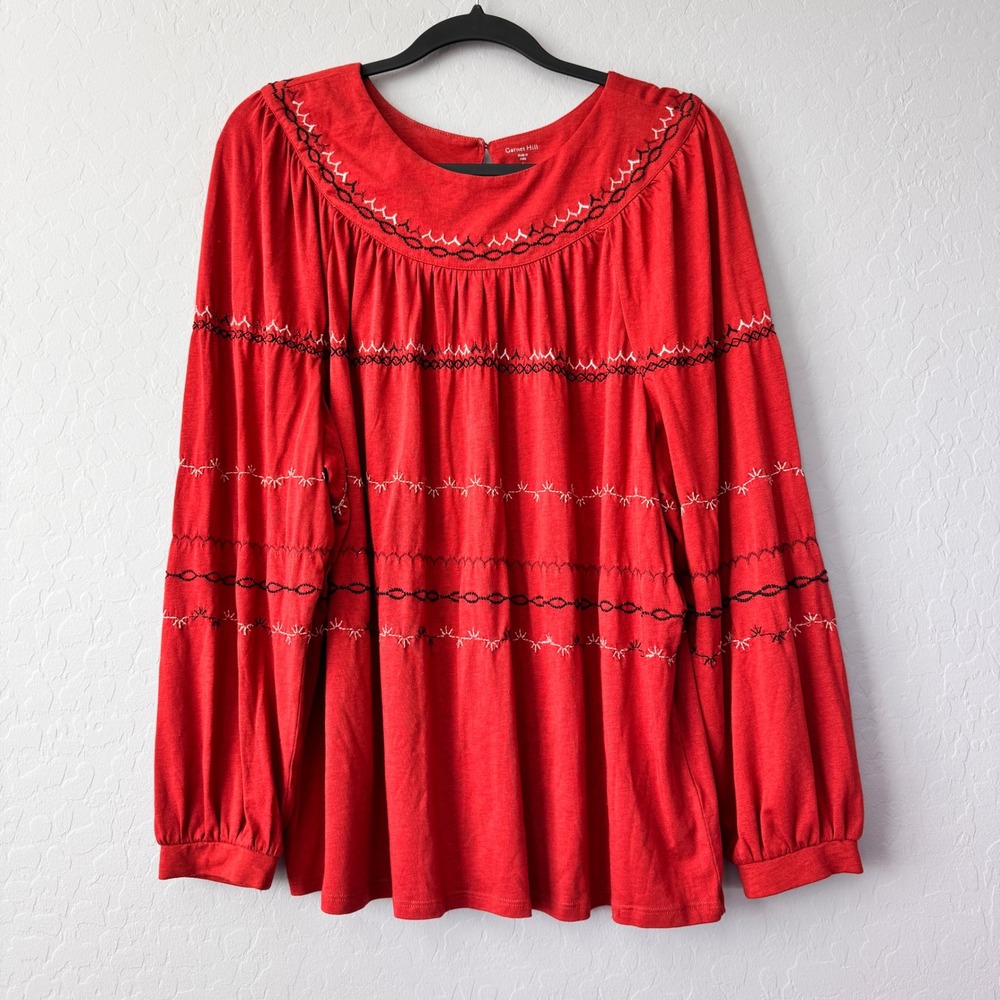 Garnet Hill Embroidered Peasant Top Blouse Red Long Sleeve Women's Large
